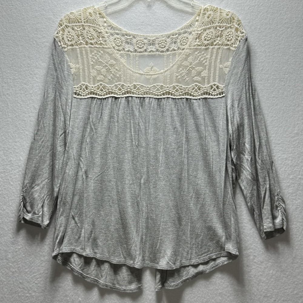 Tunic Shirt‎ Womens 2X Gray Crochet Lace Yoke 3/4 Sleeve Boho Top High Low Hem